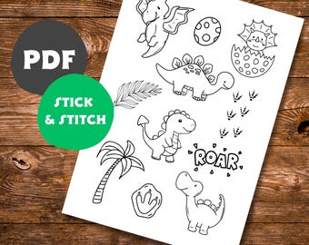 Digital embroidery pattern Stick and Stitch Dinosaur embroidery Embroidering clothes Embroidery kit Embroidery for beginners Modern embroidery