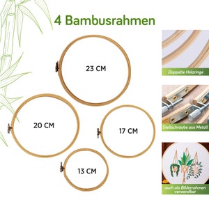 May include: Four bamboo embroidery hoops in different sizes: 13 cm, 17 cm, 20 cm, and 23 cm. The hoops are made of natural bamboo and have a metal screw to tighten them.