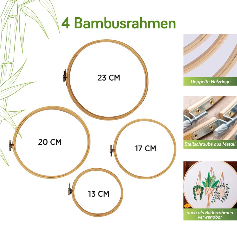 May include: Four bamboo embroidery hoops in different sizes: 13 cm, 17 cm, 20 cm, and 23 cm. The hoops are made of natural bamboo and have a metal screw to tighten them.