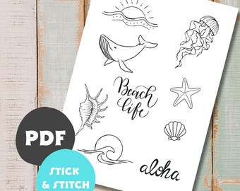 May include: A black and white printable sheet of beach-themed illustrations. The illustrations include a whale, a seashell, a starfish, a jellyfish, a sun setting over the ocean, a wave, and the words "Beach Life" and "Aloha".