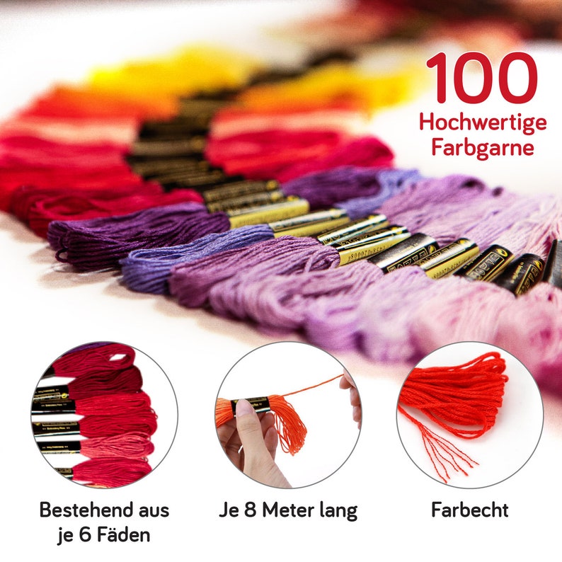 May include: 100 spools of embroidery floss in various colours, each spool is 8 metres long and contains 6 strands of floss. The floss is arranged in a rainbow pattern. The text "100 Hochwertige Farbgarn" is visible in the image.