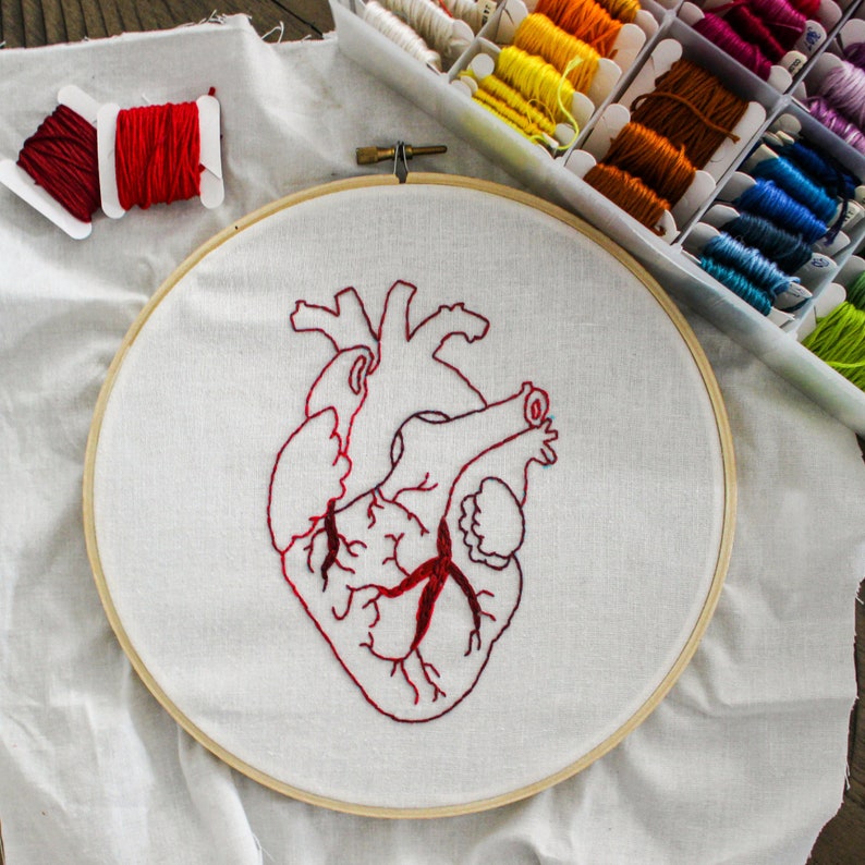 May include: A white embroidery hoop with a red embroidered anatomical heart design.