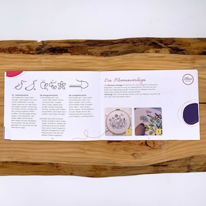 May include: A guide to embroidery stitches with illustrations of the stitches and their names. The guide also includes two examples of embroidered floral designs.