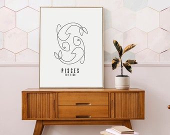 Pisces | line art print | aesthetic apartment art | trendy printable art | star sign print aesthetic | zodiac print | astrology art