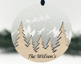 Winter Wonderland Ornament | Personalized Christmas Ornament | Santa Sleigh Ornament | Basswood and Frosted Acrylic