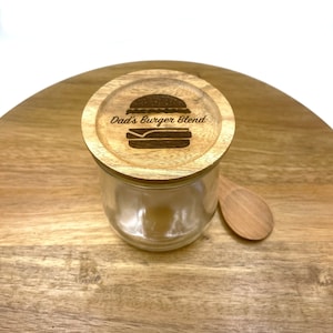 Spice Storage Container • Grilling Spice • Glass Jar with Wood Lid  • Engraved Spice Jar For Dad • Dad's Burger Blend • Gift For Men • Gifts