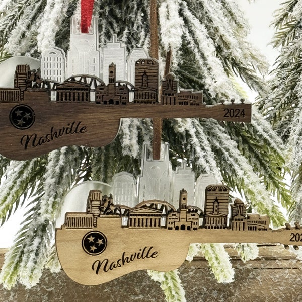 Nashville Guitar Christmas Ornament • Custom Nashville Skyline Ornament • Nashville Tennessee Ornament • Laser Cut Custom Ornament • 2024