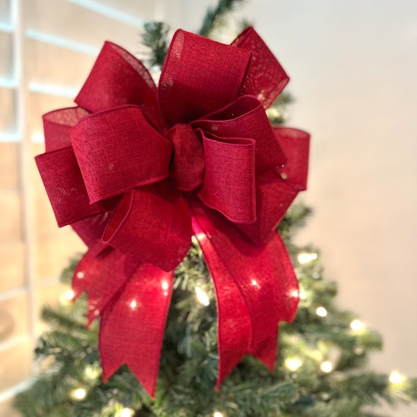 Red Bow | Wreath Bow | Christmas Tree Topper | Christmas Bow | Red Linen Bow