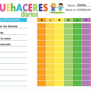 May include: A colourful weekly chore chart with the title "QUEHACERES diarios" and the word "quehaceres" in a blue box. The chart has columns for each day of the week, labelled D, L, M, M, J, V, and S. The rows list chores such as "Cepillar los dientes", "Peinarse", "Hacer la cama", and "Ir a la escuela".