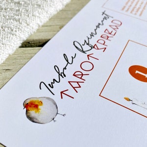 May include: A white card with the text "Whole Environment Tarot Spread" in black cursive writing. A red robin illustration is in the bottom left corner. The card has a red border and a number "1" in a red circle in the top right corner.