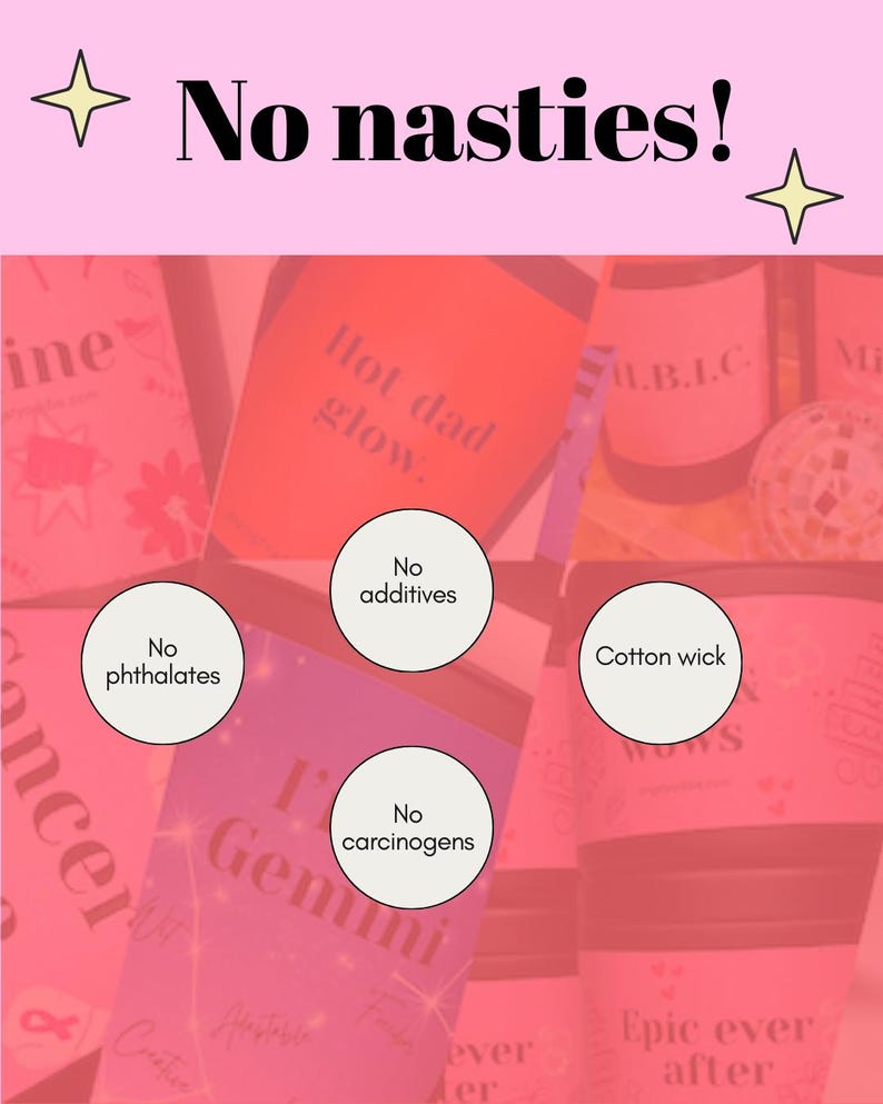 a pink background with various texts and shapes, including a large text that says "No nasties!" and smaller texts that say "No phthalates", "No additives", "No cotton wick", and "No carinogens".