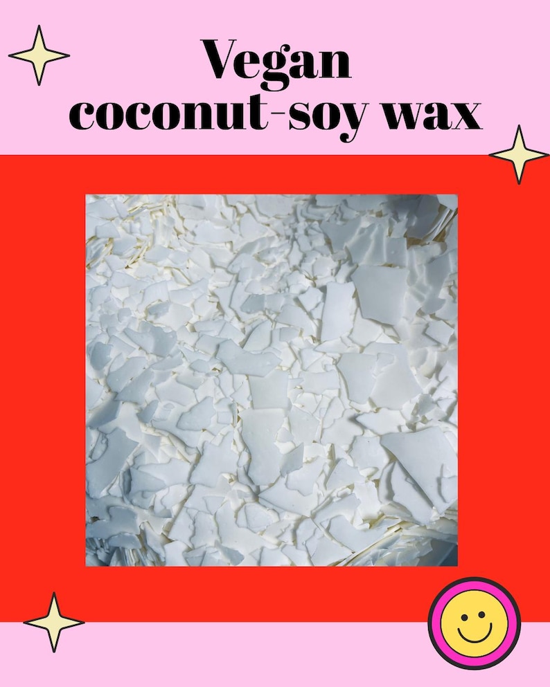 The image is a square with a red border, containing a close-up view of a white, crinkled material, which appears to be a vegan coconut-soy wax.