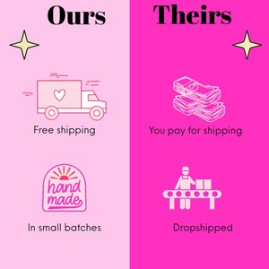The image is a comparison between two types of shipping options: "Ours" and "Theirs". It features icons representing free shipping, paying for shipping, small batches, and dropshipped products.