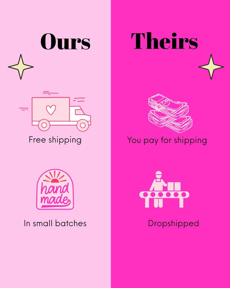 The image is a comparison between two types of shipping options: "Ours" and "Theirs". It features icons representing free shipping, paying for shipping, small batches, and dropshipped products.