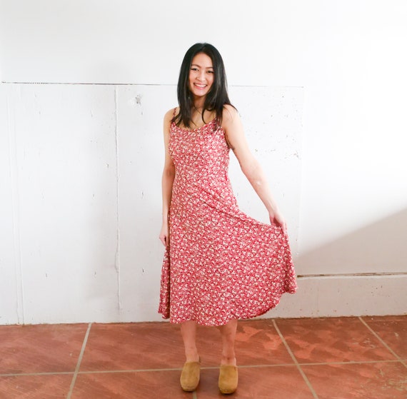 Vintage 90s Autumnal Red Ditsy Floral Sheer Dress Lovelygirl High Neckline Dress
