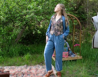Vintage 100% Silk Pant and Zip Up Jacket Set, Women's M L XL