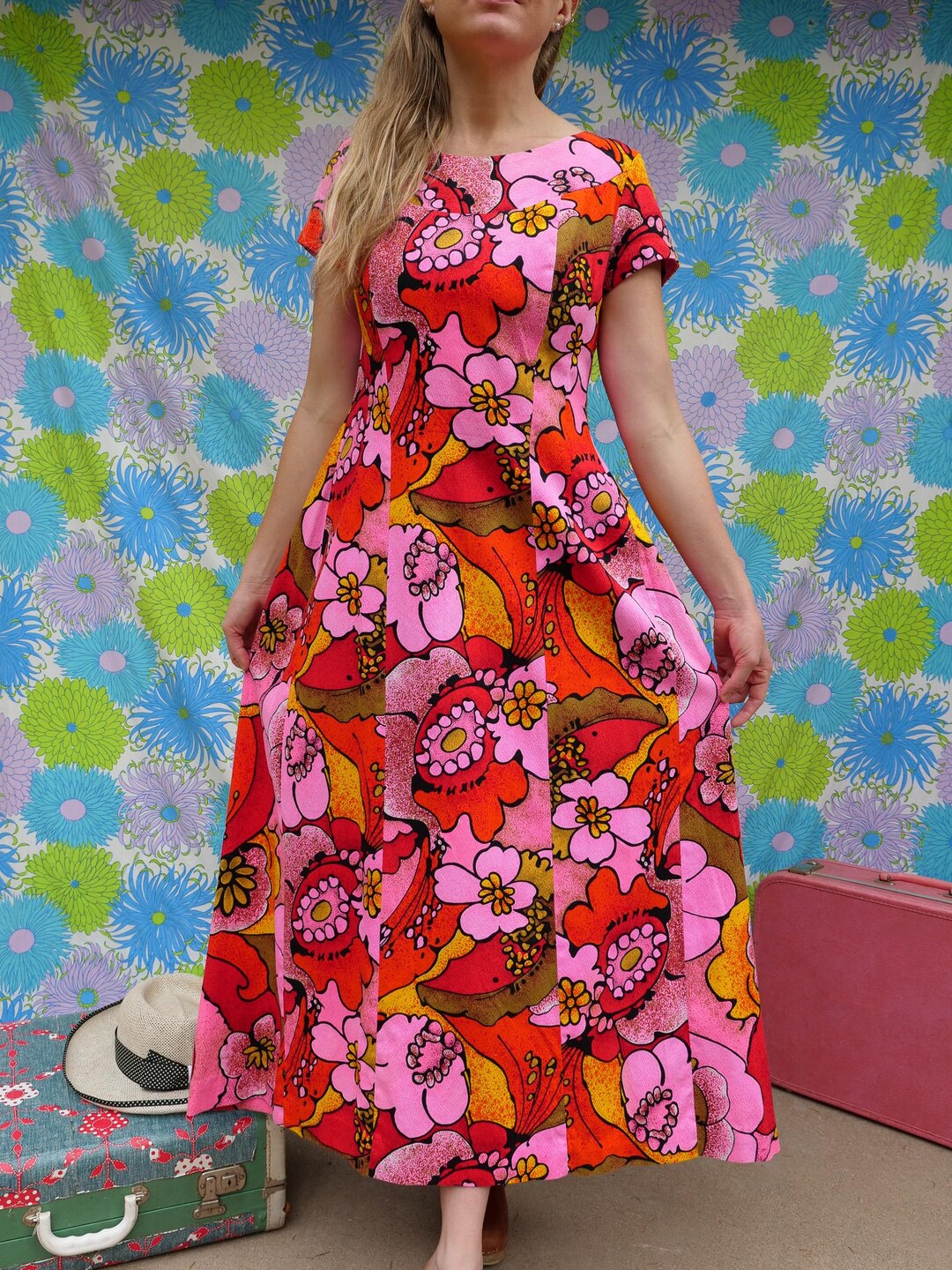 Vintage Psychedelic Retro Kaftan Dress Women's M 100% Cotton 70s Muumuu ...