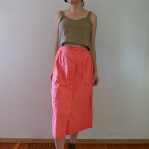 1980s Coral Cotton Skirt – High Waist Button Front, Pockets