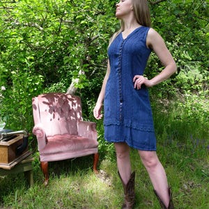 90s Embroidered Rayon Sundress: Navy Blue Vintage Dress, S/M
