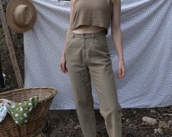 Vintage 1990s High Waisted Linen Cotton Blend Pants Women's Size M 90s Trousers Slacks Taupe Colored Bottoms Minimalist Neutral Sustainable