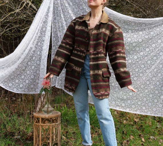 Vintage 90s Wool Aztec Coat, Leather Collar, Men's L - Etsy