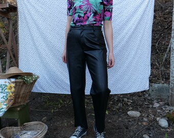 Vintage 1990s Black Vegan Faux Pho Leather Pants High Waisted Straight Leg Pleather Trousers Seasons Sport Made in Canada 90s Sustainable