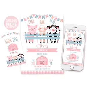 Faire-part Oink Baa Moo im Two pour fille, invitation modifiable de basse-cour rose 5 x 7 pouces + modèle d'étiquette et de téléphone de remerciement, téléchargement immédiat Corjl