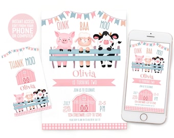 Oink Baa Moo im Two Invitation for Girl, Pink Barnyard Editable Invite, Farm Animals Theme Party, Instant Download Corjl