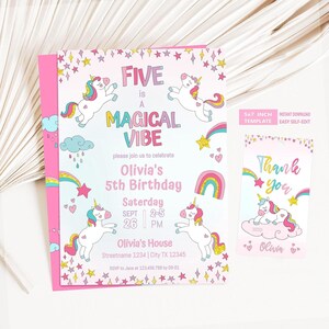Magical Unicorn Party Invite, Editable Five is a Magical Vibe Invitation, Instant Download Corjl