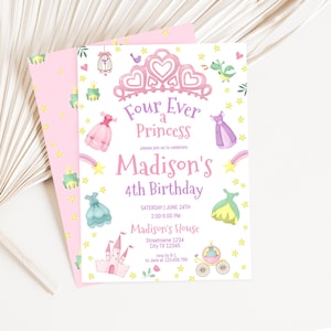 Prinzessin Geburtstagseinladung bearbeitbare Kronen-Einladung rosa Prinzessin einladen Vier überhaupt eine Prinzessin verkleiden sich Party DIY bearbeitbare Vorlage Corjl