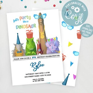 Editable Dinosaur birthday party invitation template, dinosaur birthday invitation, dinosaur thank you tag, Instant download Corjl