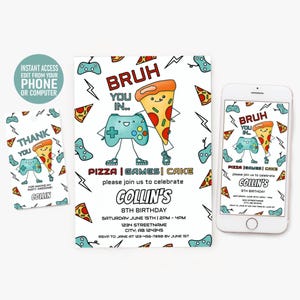 Invitación de cumpleaños de Level Up, invitación para fiesta de videojuegos, mando y pizza (archivo Corjl DIY)