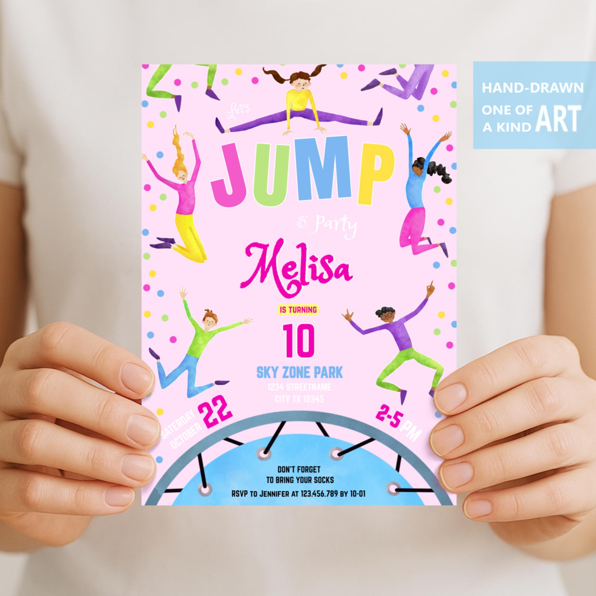 12 Inviti Di Compleanno Per Bambine A Tema Trampolino, Con Buste, Adesivi E Sacchetti Regalo, Design Rosa Jumphouse