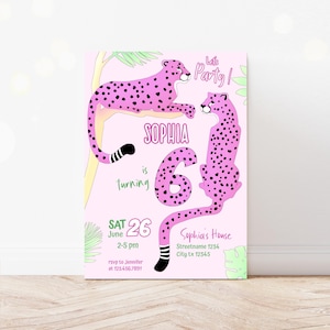Cheetah Birthday Invitation for Girl Pink Leopard Jungle Invite Big Cat Safari Card  Party Animals Editable Template Digital Download Corjl