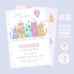 Printable Cat invitation, Lets pawty kitten invite, Cat themed birthday card, unique design, hand drawn, Instant Download Corjl