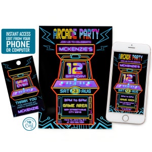 Arcade-Geburtstagseinladung, Jungen-Gamer-Party, Neon-Glow-Einladung, Retro-Arcade-Party, Videospielparty, bearbeitbarer digitaler Download Corjl