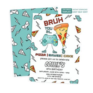 Invitación de videojuegos, invitación editable para fiesta de videojuegos, tarjeta con temática de control y pizza, imprimible DIY Corjl