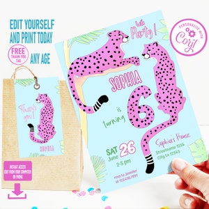 Leopard birthday invitation,  pink cheetah invitation, party animals invitation, digital download Corjl