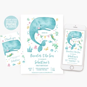 Oneder the Sea verjaardagsuitnodiging jongen bewerkbare sjabloon Blue Whale Ocean thema eerste verjaardagsuitnodiging, DIY Instant Download Corjl