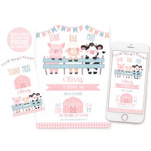 Faire-part Oink Baa Moo im Two pour fille, invitation modifiable de basse-cour rose 5 x 7 pouces + modèle d'étiquette et de téléphone de remerciement, téléchargement immédiat Corjl