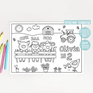 Página para colorir editável "Oinc Baa Muuu, tenho dois anos" para aniversário. Folha de atividades imprimível com tema de fazenda e nome para lembrancinha de festa infantil com tema de celeiro.