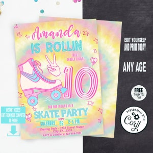 Roller Skate invitation, Tie Dye Roller Skating birthday invitation for Girl, instant download, Easy to EDIT and PRINT,  Corjl Template