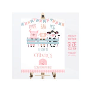 Editable Farm Animal 2nd Birthday Welcome Sign Oink Baa Moo im Two Pig Cow Sheep Barnyard Theme | 2 Sizes Available | Instant Download Corjl