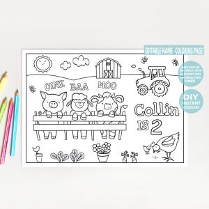 Oink Baa Moo personnalisable, j&#39;ai deux ans, coloriage d&#39;anniversaire, feuille d&#39;activité imprimable sur le thème de la ferme avec nom, cadeau de fête pour enfants dans la basse-cour