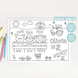 Oink Baa Moo modifiable, j&#39;ai deux ans, coloriage d&#39;anniversaire, feuille d&#39;activité imprimable sur le thème de la ferme avec nom, cadeau de sac cadeaux pour enfants, fête de la basse-cour