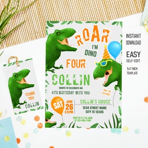 Invitación de cumpleaños de dinosaurio Stomp Chomp Roar Cumpliendo 4 años Invitación de dinosaurio T-rex Fiesta de cuarto cumpleaños Imprimible Roar Tengo 4 Descarga instantánea Corjl
