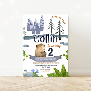 Bever verjaardagsuitnodiging Woodland 2e feestuitnodiging voor jongen buiten berg thema feestartikelen bewerkbare Instant Download Corjl