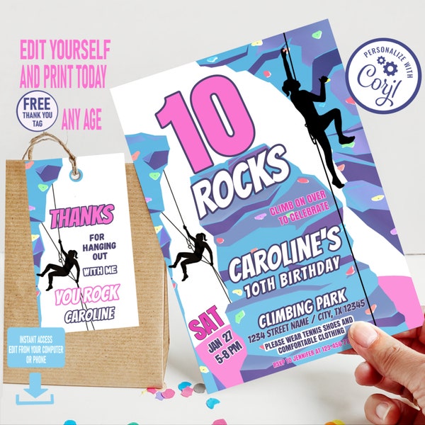 Rock climbing birthday invitation for all the cool girls, 10th birthday invitation, Climbing invite,  Instant Download Corjl