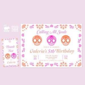 Cute Sugar Skull Invitation Dia de los Muertos Birthday Invitation Orange Pink Design Mexican Sugar Skull 5th Birthday Party Editable Corjl