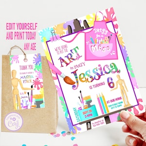 Verffeestuitnodiging Instant download, schilderij verjaardagsuitnodiging, met de hand getekend, gratis bedanktag inbegrepen, Instant Download Corjl